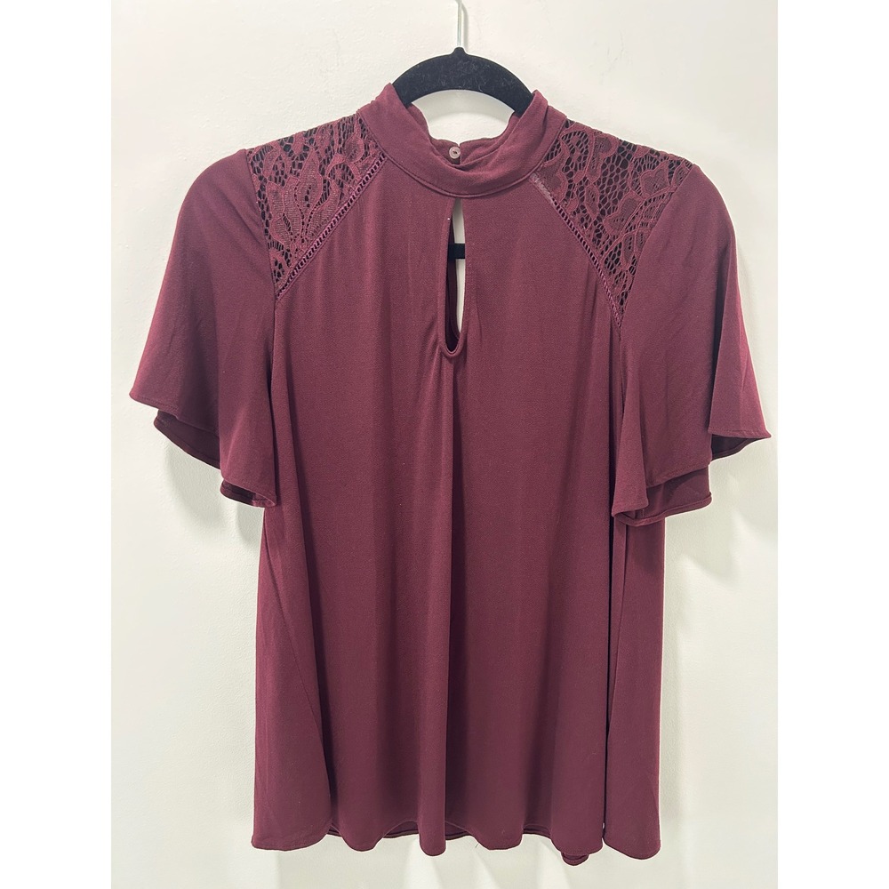 London Times Womens Burgundy Lace Shoulder Mock Neck Keyhole Flutter Sleeve Top